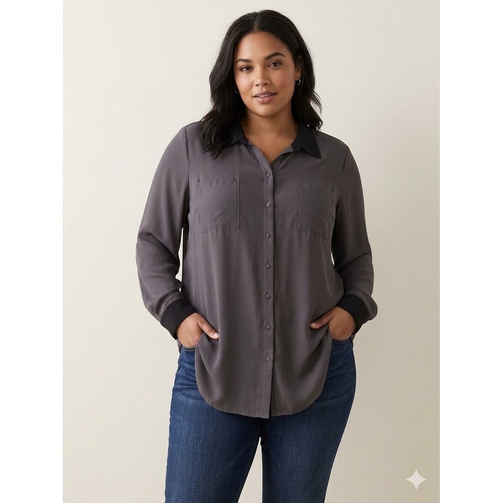 Torrid Gray Black Button Down Blouse Top Plus Size 3X Contrast Collar Semi Sheer